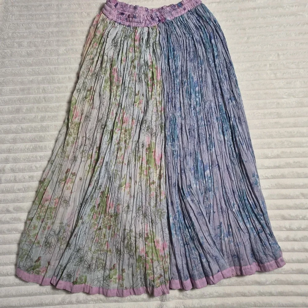 Boutique Floral Patchwork Cotton Crinkle Maxi Skirt Purple Pink XL One Size